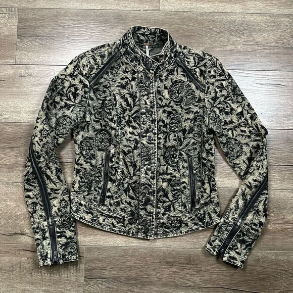 Free People Women’s Size 4 Follow the Flock Floral Motorcycle Jacket Full Zip - Picture 1 of 8